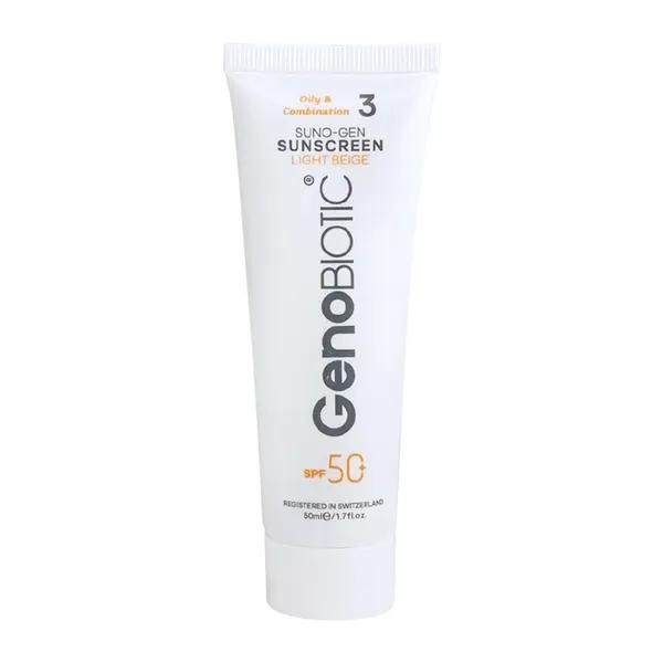 ضد آفتاب رنگی ژنوبایوتیک با SPF50 مناسب پوست چرب شماره 3 حجم 50 میلی لیتر