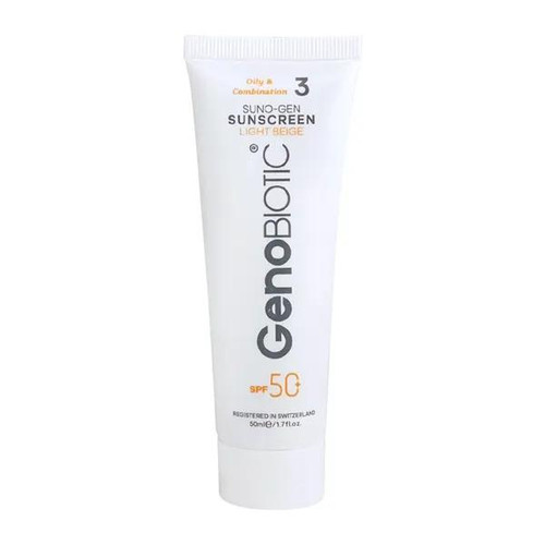 ضد آفتاب رنگی ژنوبایوتیک با SPF50 مناسب پوست چرب شماره 3 حجم 50 میلی لیتر