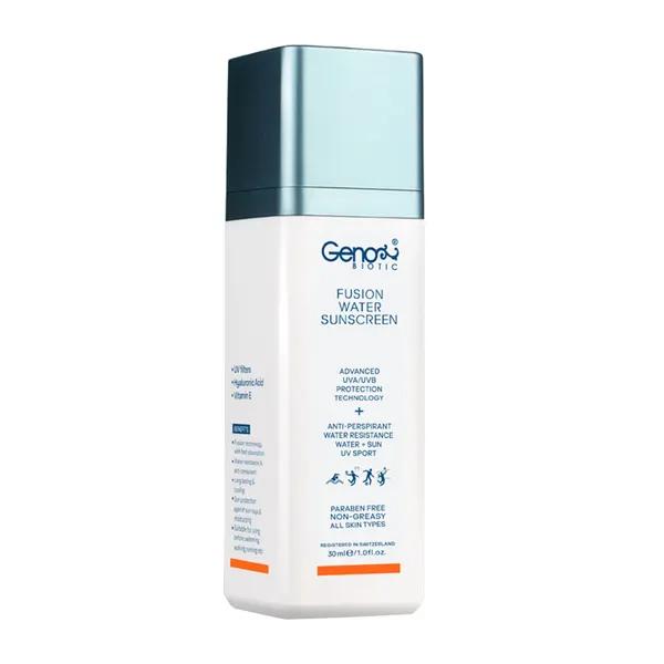 ضد آفتاب صورت و بدن بی رنگ ژنوبایوتیک با spf50+ مدل فیوژن واتر حجم 30 میلی لیتر