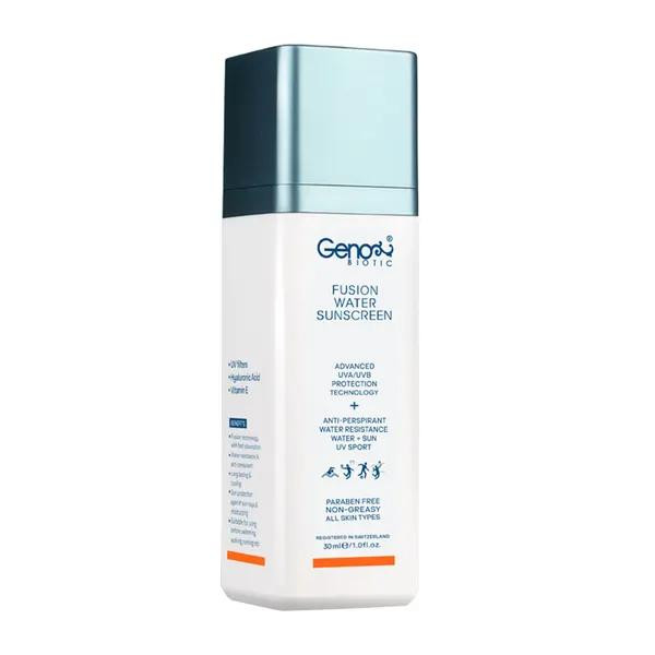 ضد آفتاب صورت و بدن بی رنگ ژنوبایوتیک با spf50+ مدل فیوژن واتر حجم 30 میلی لیتر