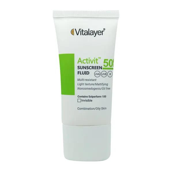 فلوئید ضد آفتاب بی رنگ ویتالیر با SPF+50 مناسب پوست چرب حجم 50 میلی لیتر