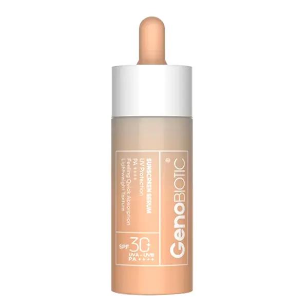 سرم ضدآفتاب بی رنگ ژنوبایوتیک با SPF+50 مناسب صورت و گردن حجم 30 میلی لیتر