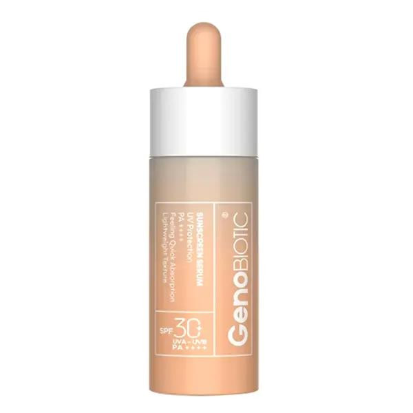 سرم ضدآفتاب بی رنگ ژنوبایوتیک با SPF+50 مناسب صورت و گردن حجم 30 میلی لیتر